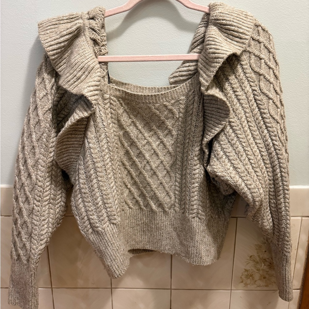 H&M Cable Knit Ruffle Shoulder Sweater - Cream